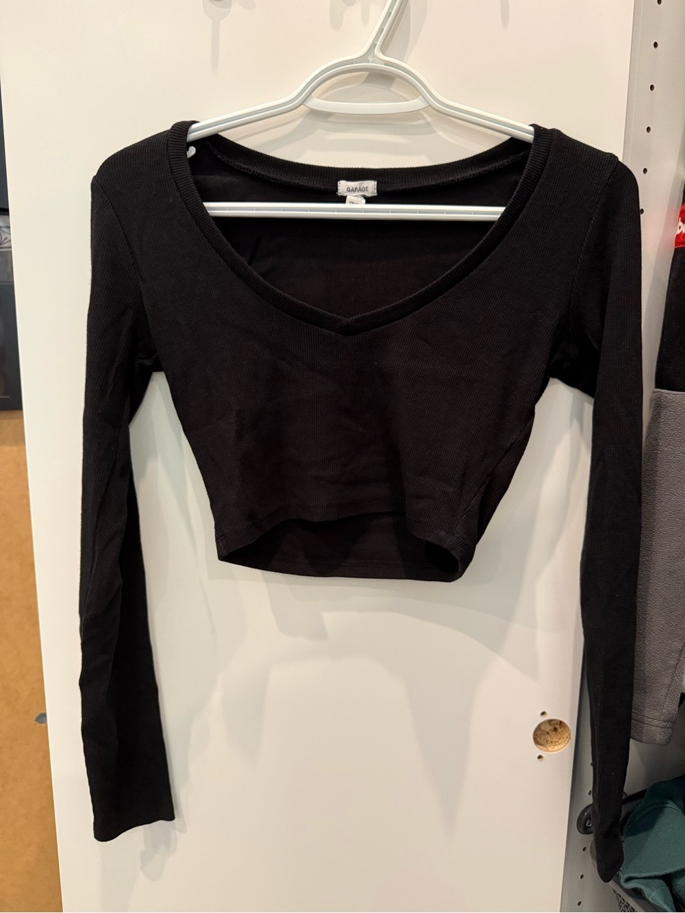Garage Black Ribbed Long-Sleeve Cropped V-Neck Top
